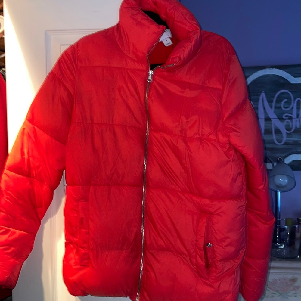 Old Navy red puffer jacket.